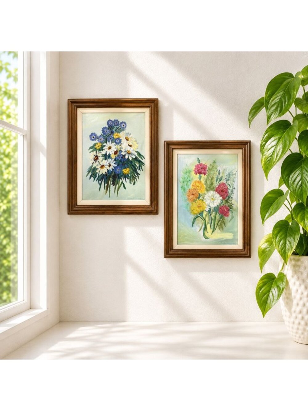 Pair of Vintage Floral Oil Paintings In Wooden Frames 15x12" Wall Art Home Decor